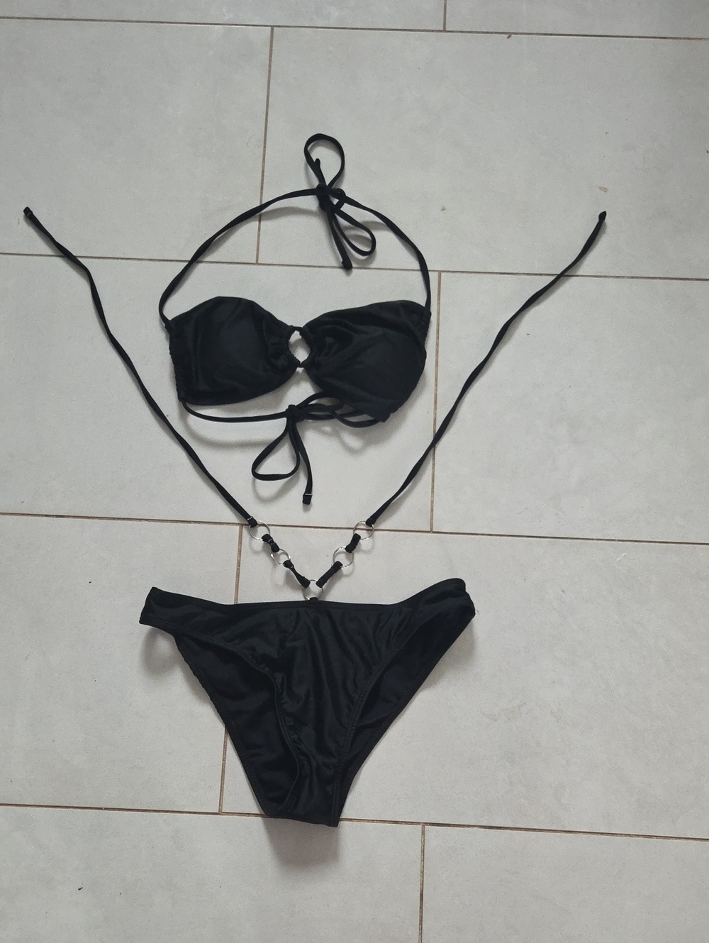 ShEIN Women's Black Waist Tie Halter Bikini Set with Decorative Rings